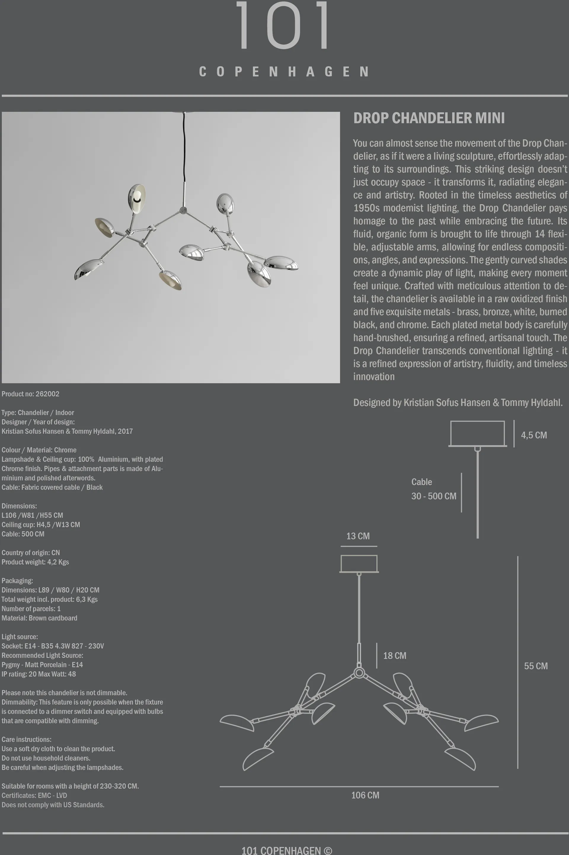 Drop系列 迷你吊灯, 铬色 101 Copenhagen