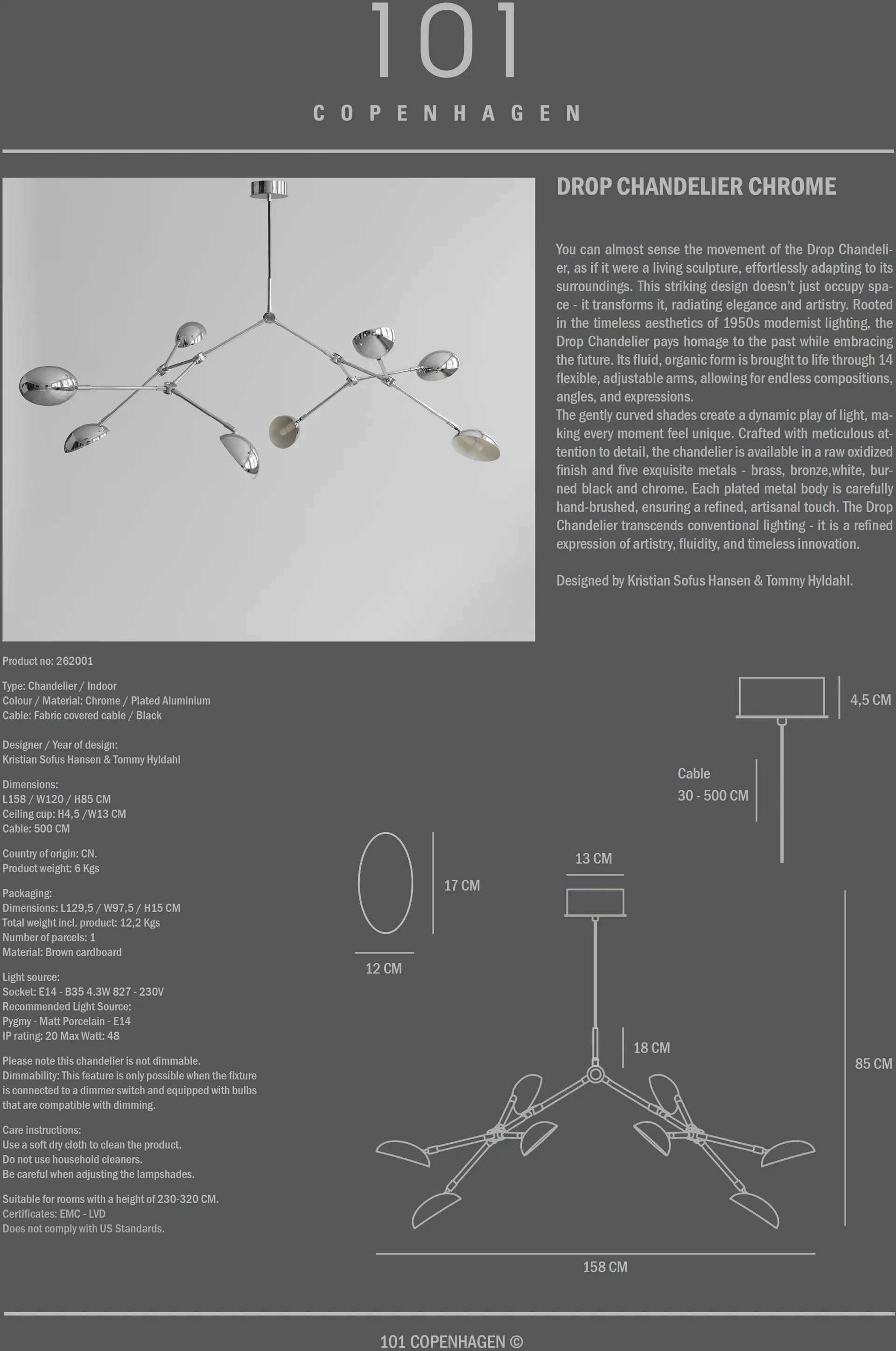 Drop 吊灯吊灯, 铬色 101 Copenhagen
