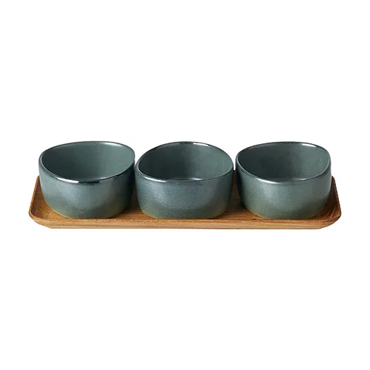 Raw Organic 碗 set with wooden 托盘, Northern 绿色 Aida