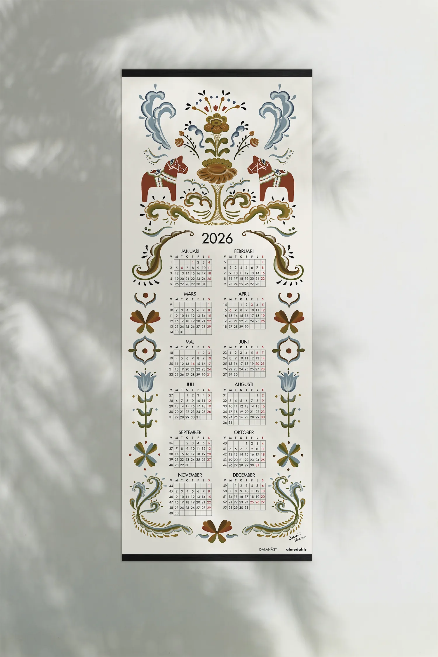 Dala horse calendar 2026, 35x90cm Almedahls