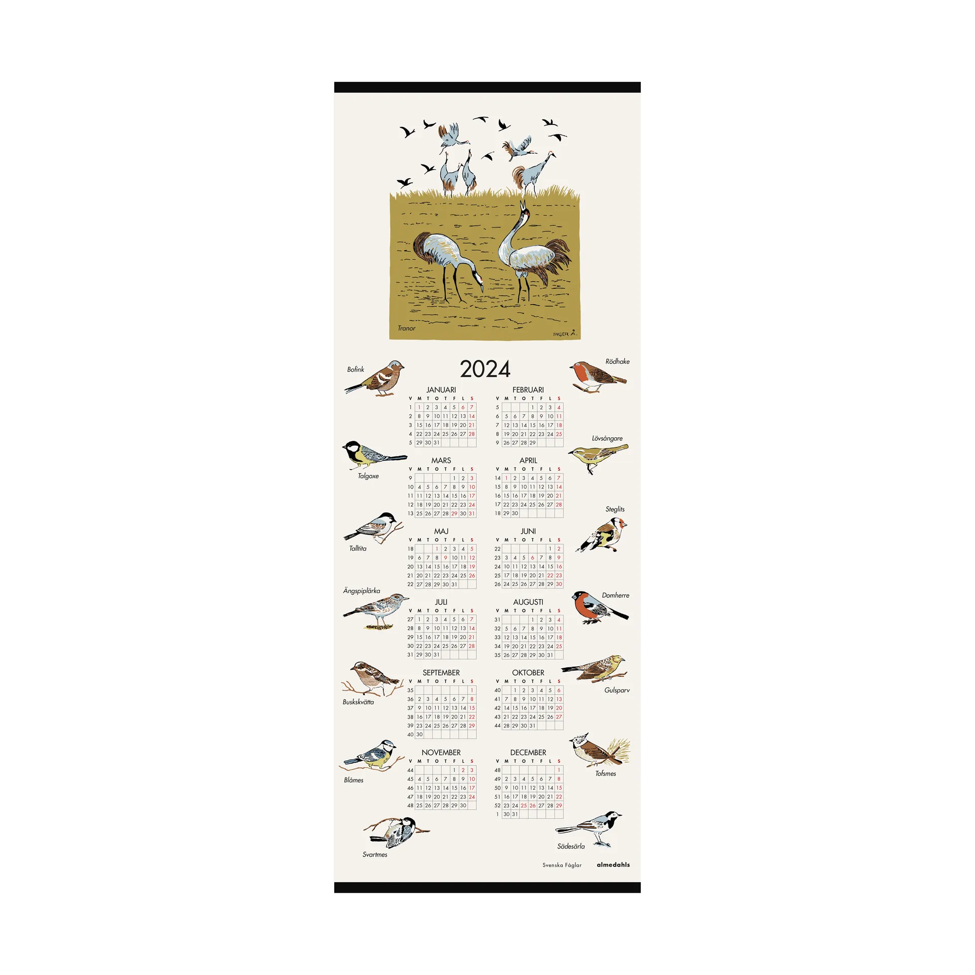 Swedish bird calender 2024, 35x90 cm Almedahls
