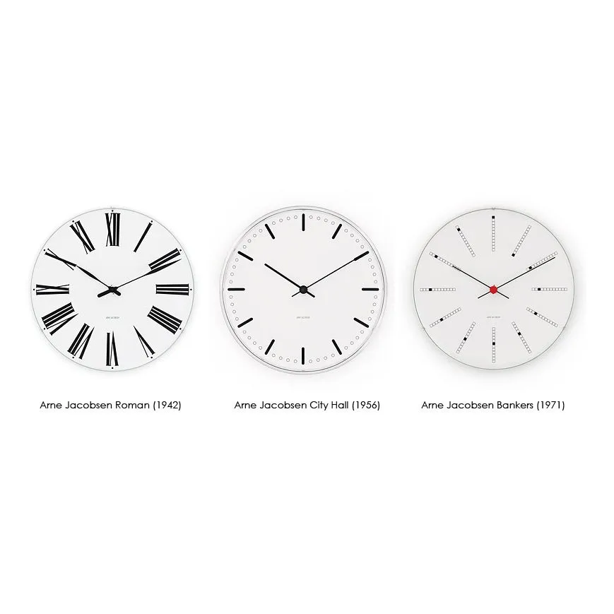 Arne Jacobsen Bankers 挂钟由 Arne Jacobsen Clocks 推出，是 Arne Jacobsen 于 1971 年设计的永恒之作。最初是为丹麦国家银行设计的，它捕捉到了经典的轮廓和俏皮的细节——例如那优雅标记时光流逝的连续螺旋线。挂钟采用矿物玻璃、铝制机芯外壳以及石英机芯，确保精准计时。作为家居界的偶像级产品，它在走廊、厨房或客厅表现同样出色，能增加空间格调而不显突兀，是设计发烧友的完美之选。, Ø 290 mm Arne Jacobsen Clocks
