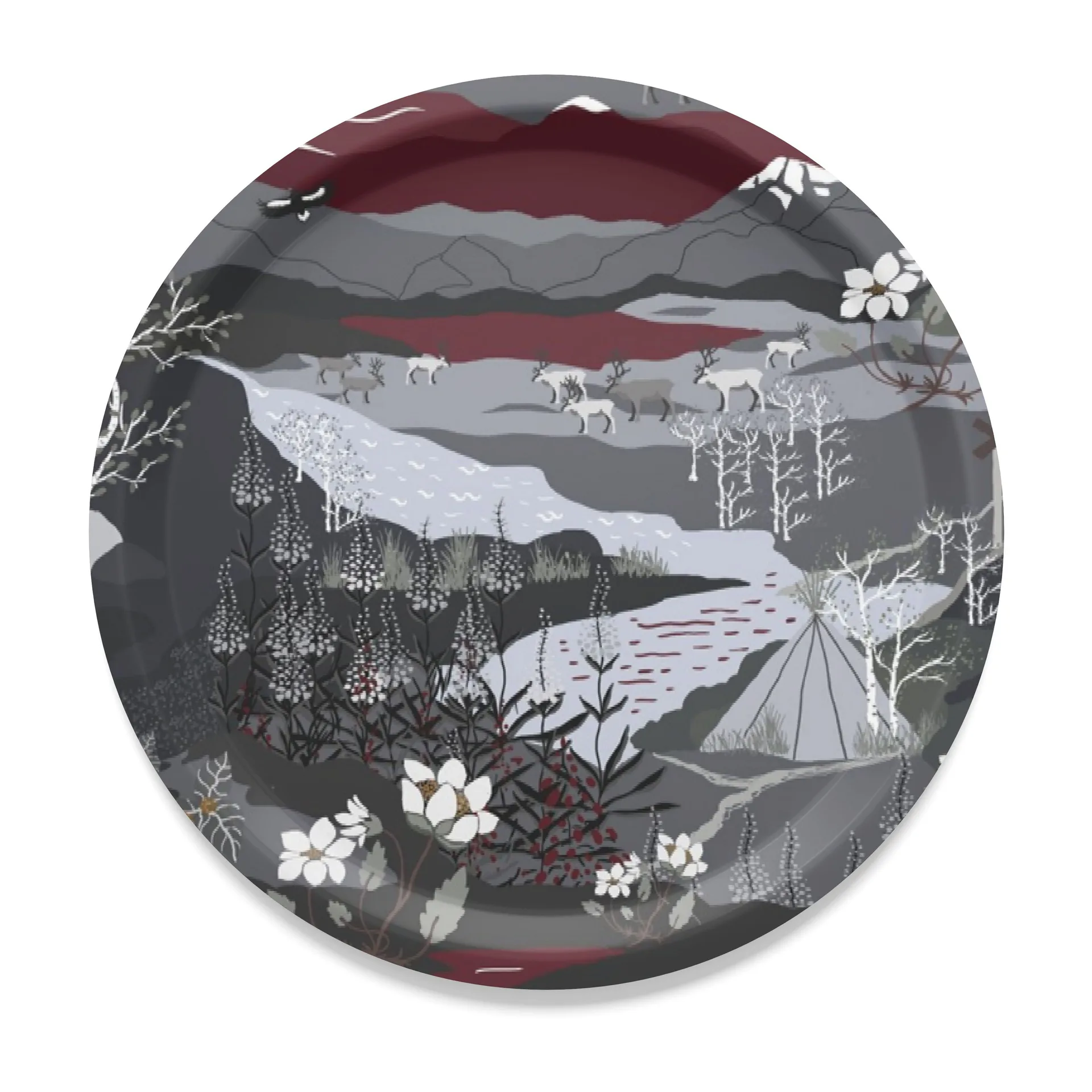 Fjällvandring 托盘 Ø31cm, 灰色-burgundy Arvidssons Textil