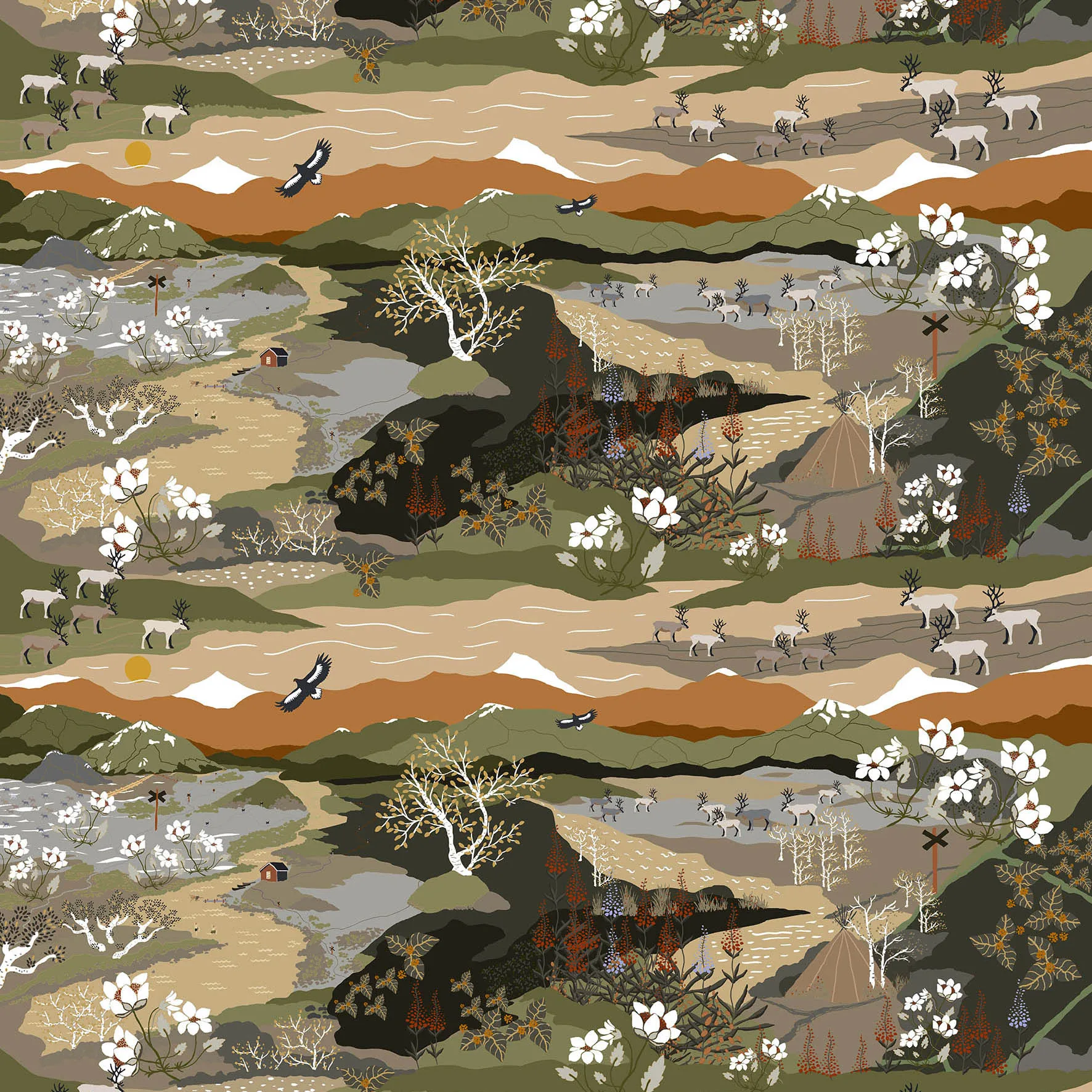 Fjällvandring 面料, 绿色_铁锈色 Arvidssons Textil