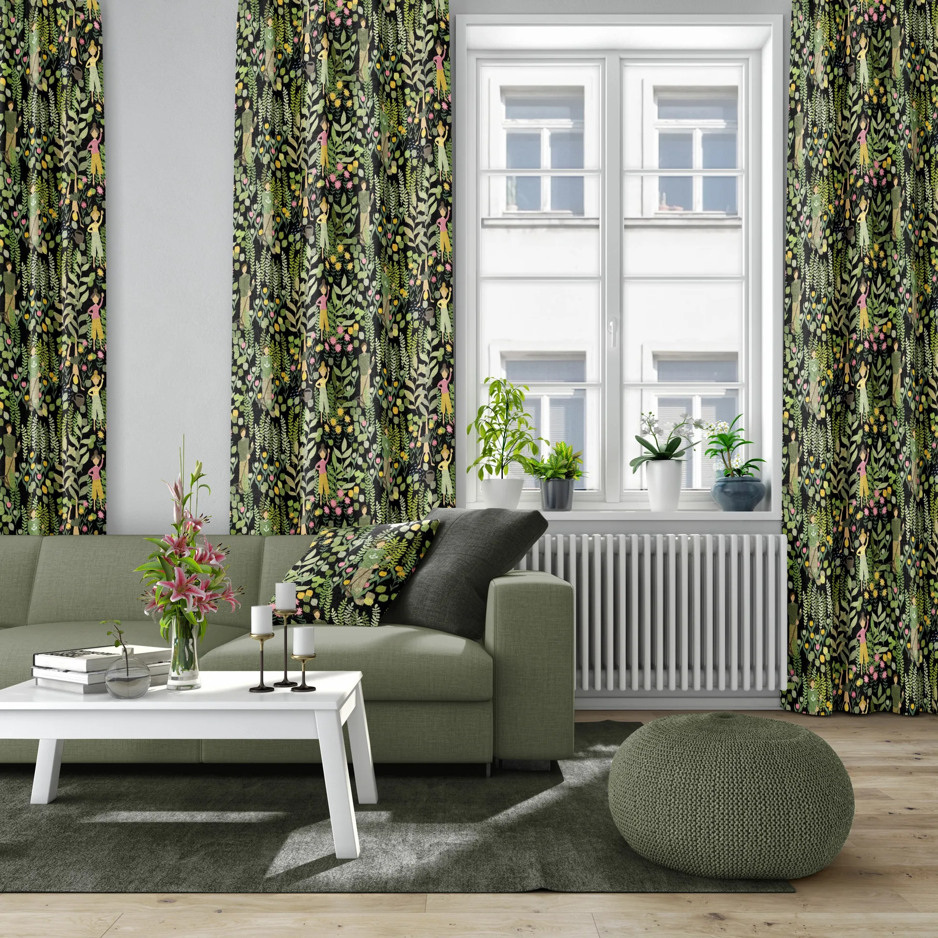 Trädgård 面料, 黑色_绿色 Arvidssons Textil
