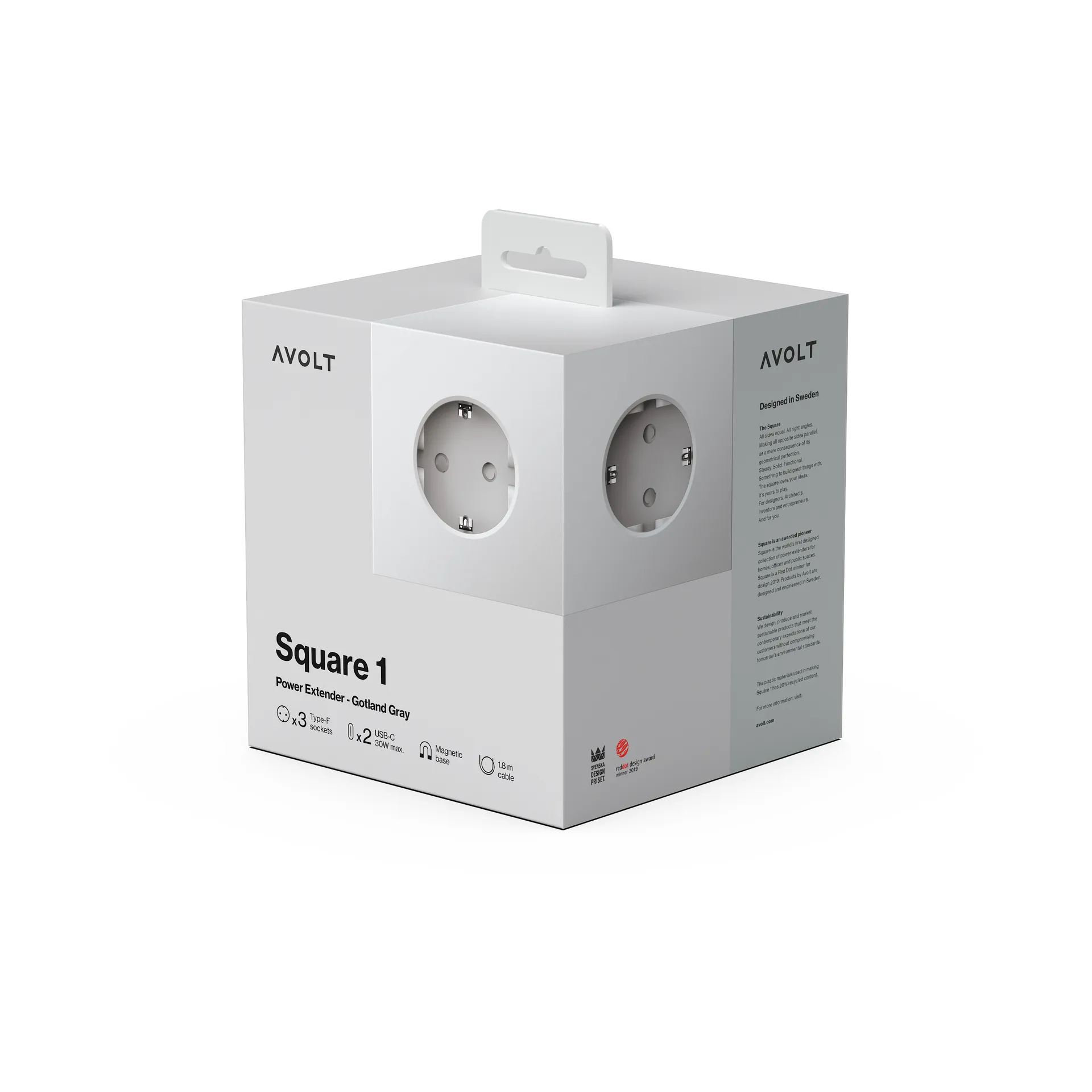 Square 1 power strip USB-C 30W 3 m, Gotland 灰色 Avolt