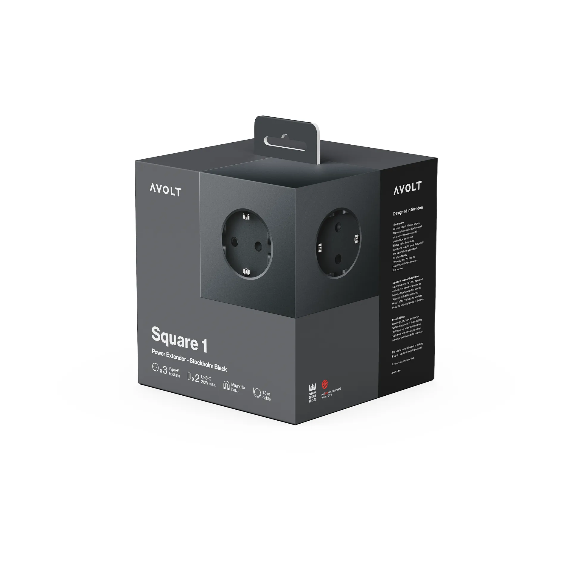 Square 1 插排 USB-C 30W 3m, 斯德哥尔摩黑 Avolt