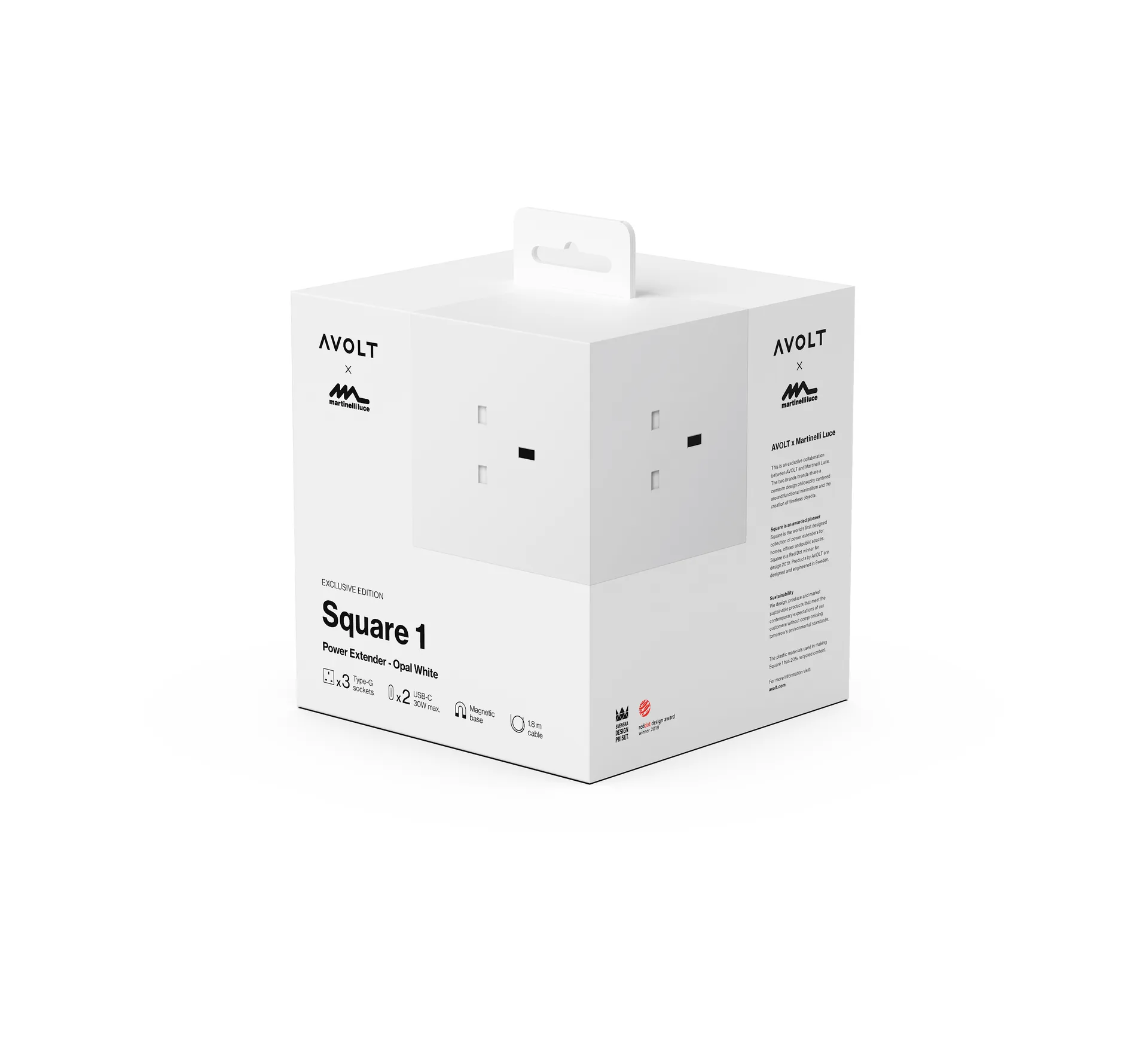 Square 1英规USB-C快充电源插座30W1.8米, 白色Martinelli Luce特别版 Avolt