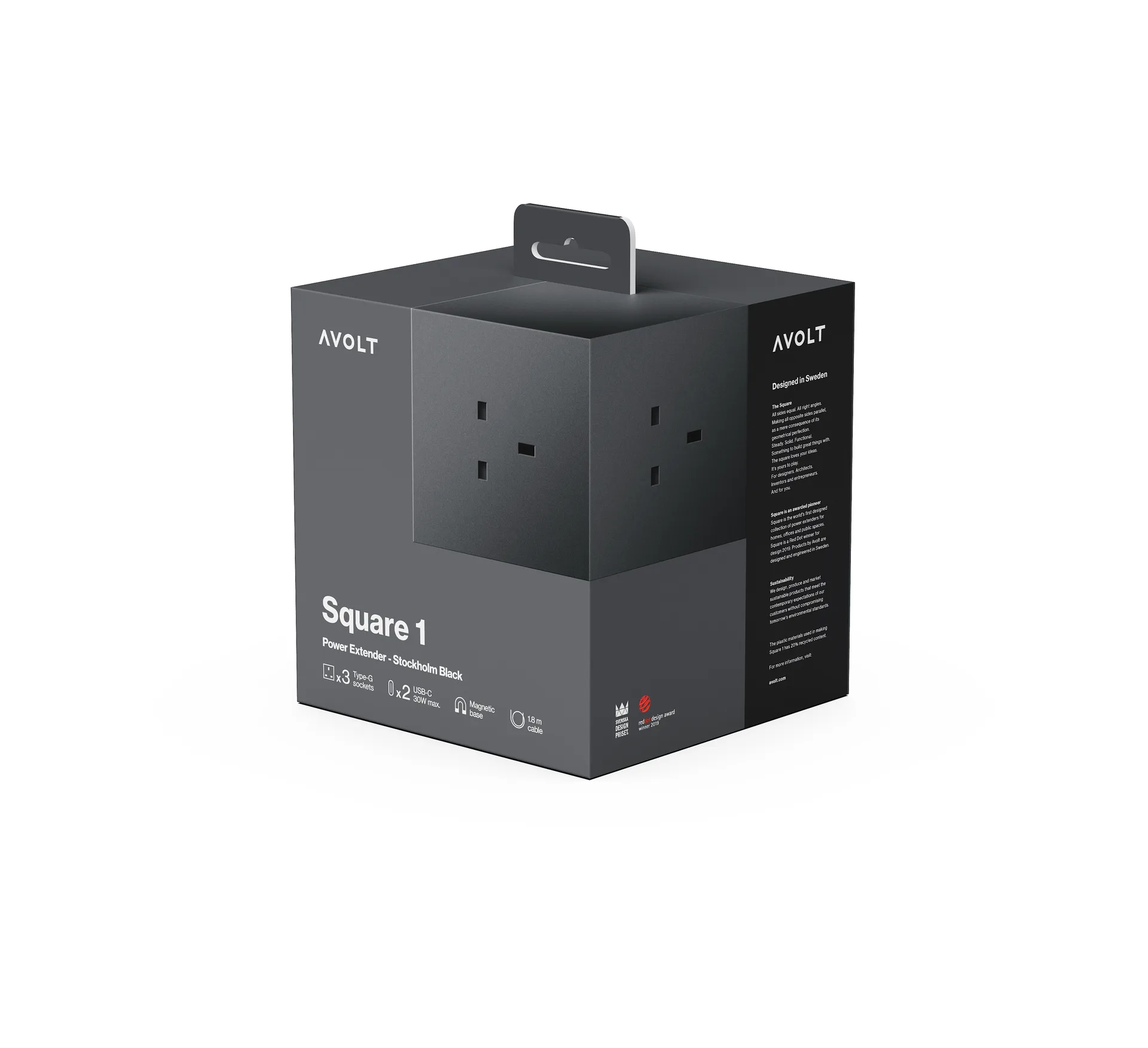 Square 1英规USB-C快充电源插座30W1.8米, 斯德哥尔摩黑色 Avolt