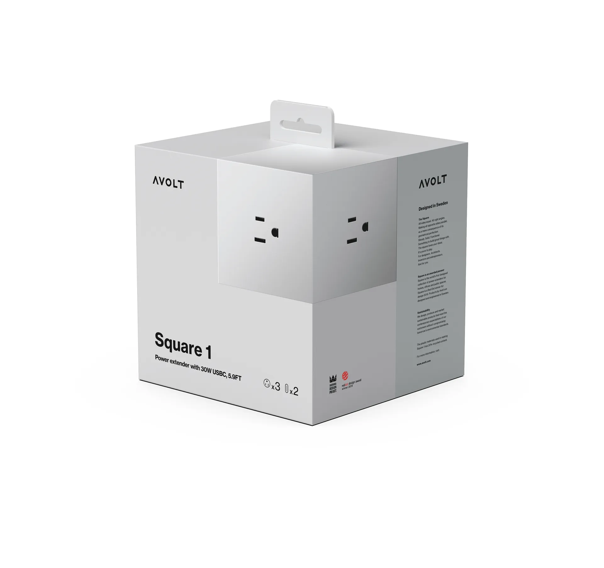 Square 1英规USB-C快充电源插座30W1.8米, 哥特兰灰色 Avolt
