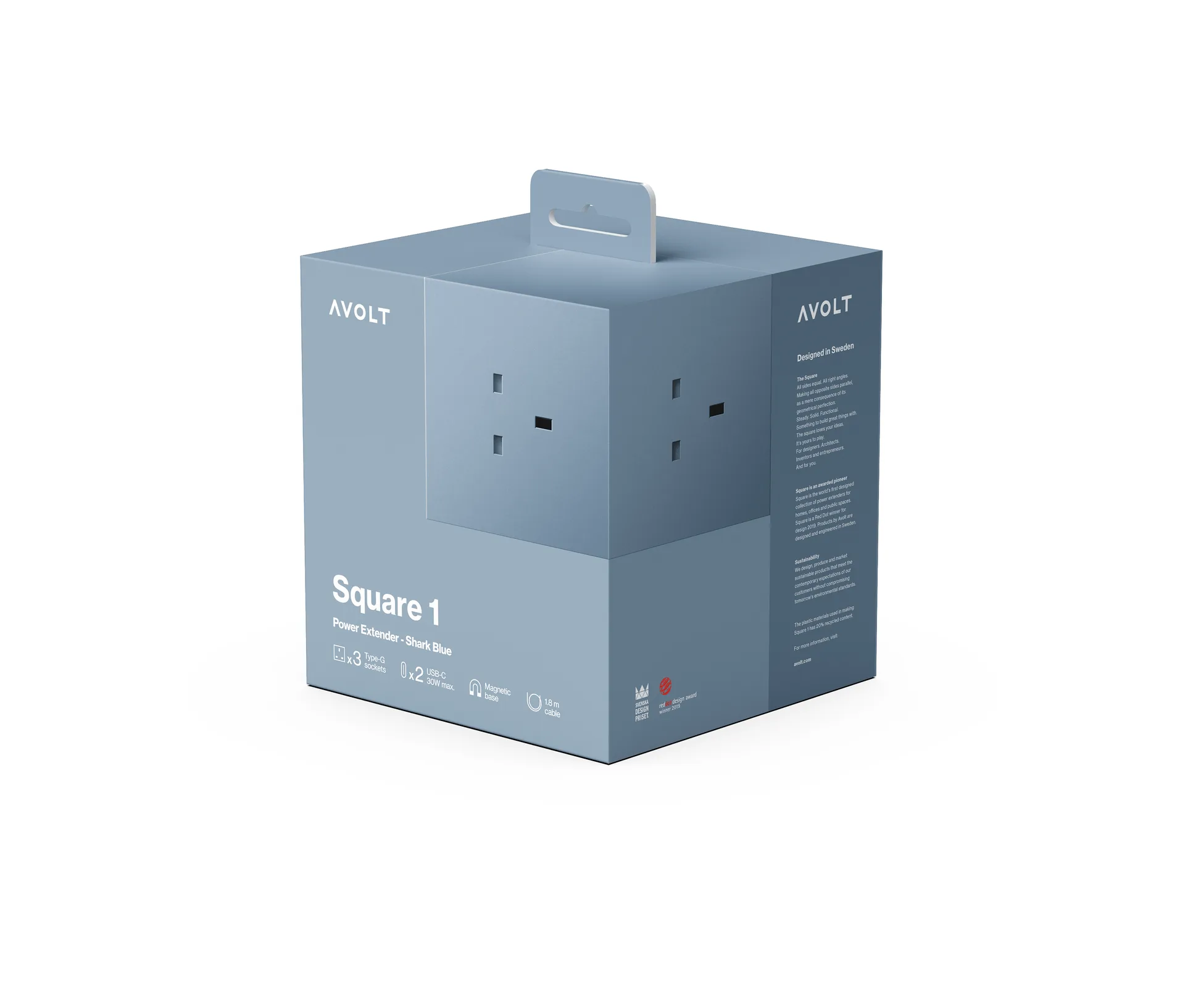 Square 1英规USB-C快充电源插座30W1.8米, 鲨鱼蓝色 Avolt