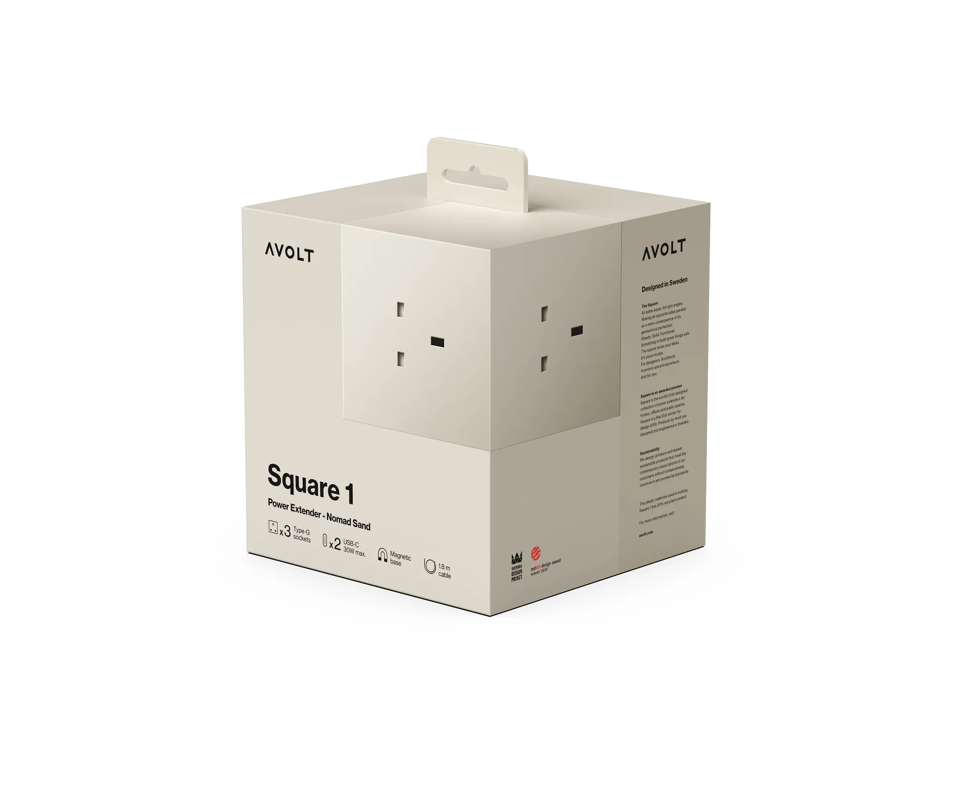 Square 1英规USB-C快充电源插座30W1.8米, 游牧沙色 Avolt