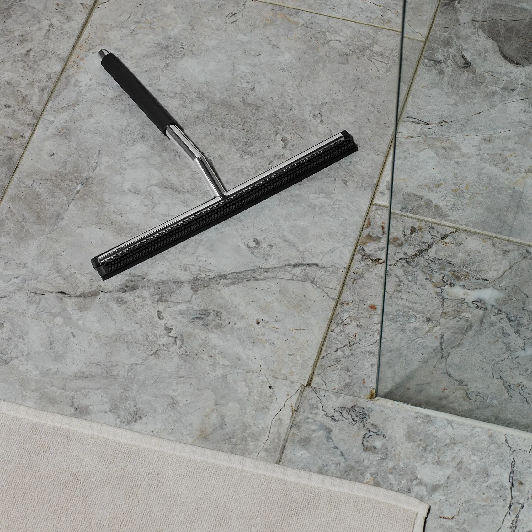 Lavea shower scraper with hook, polished steel blomus