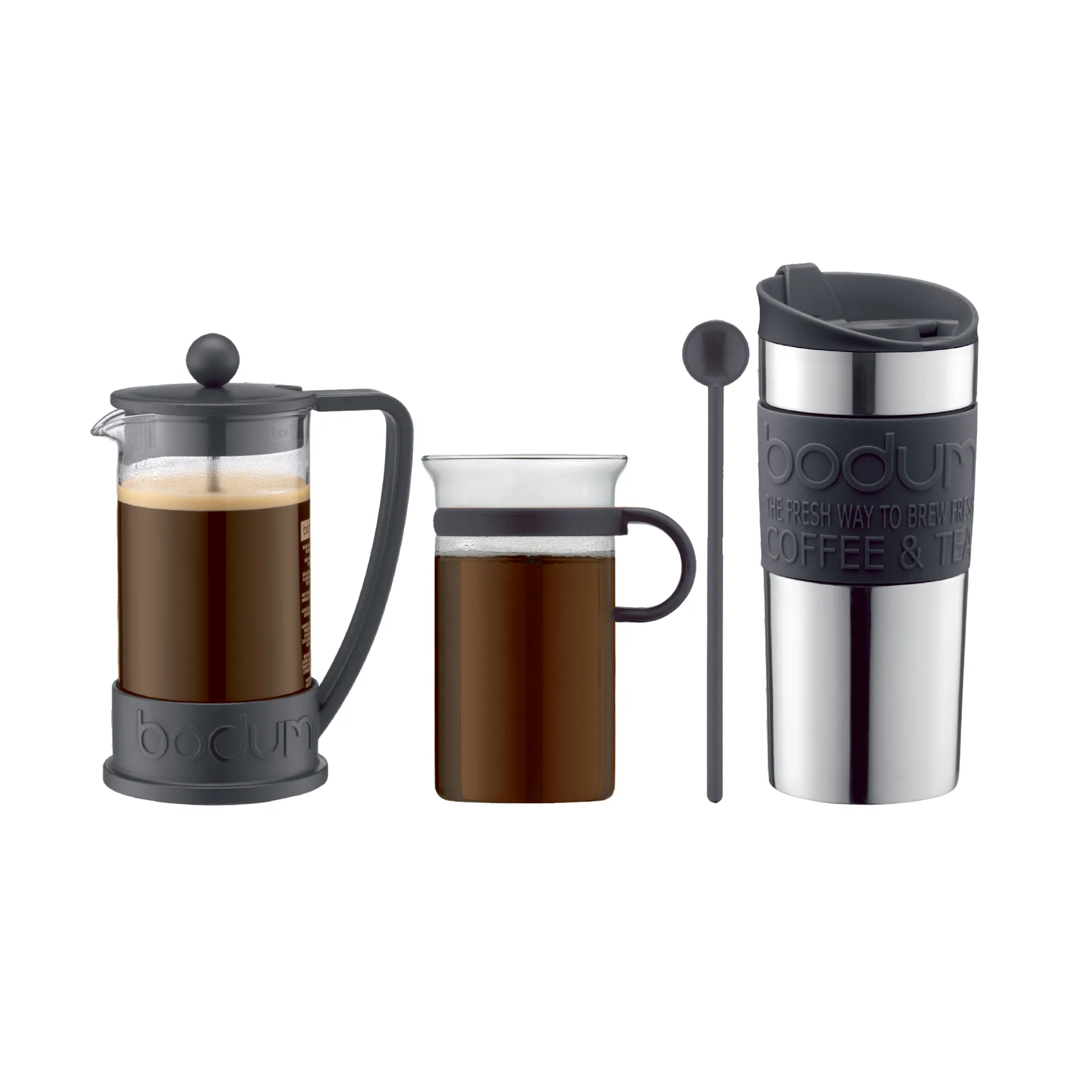 Coffee set with coffee press. 杯子. 旅行杯 and 勺子, 黑色 Bodum
