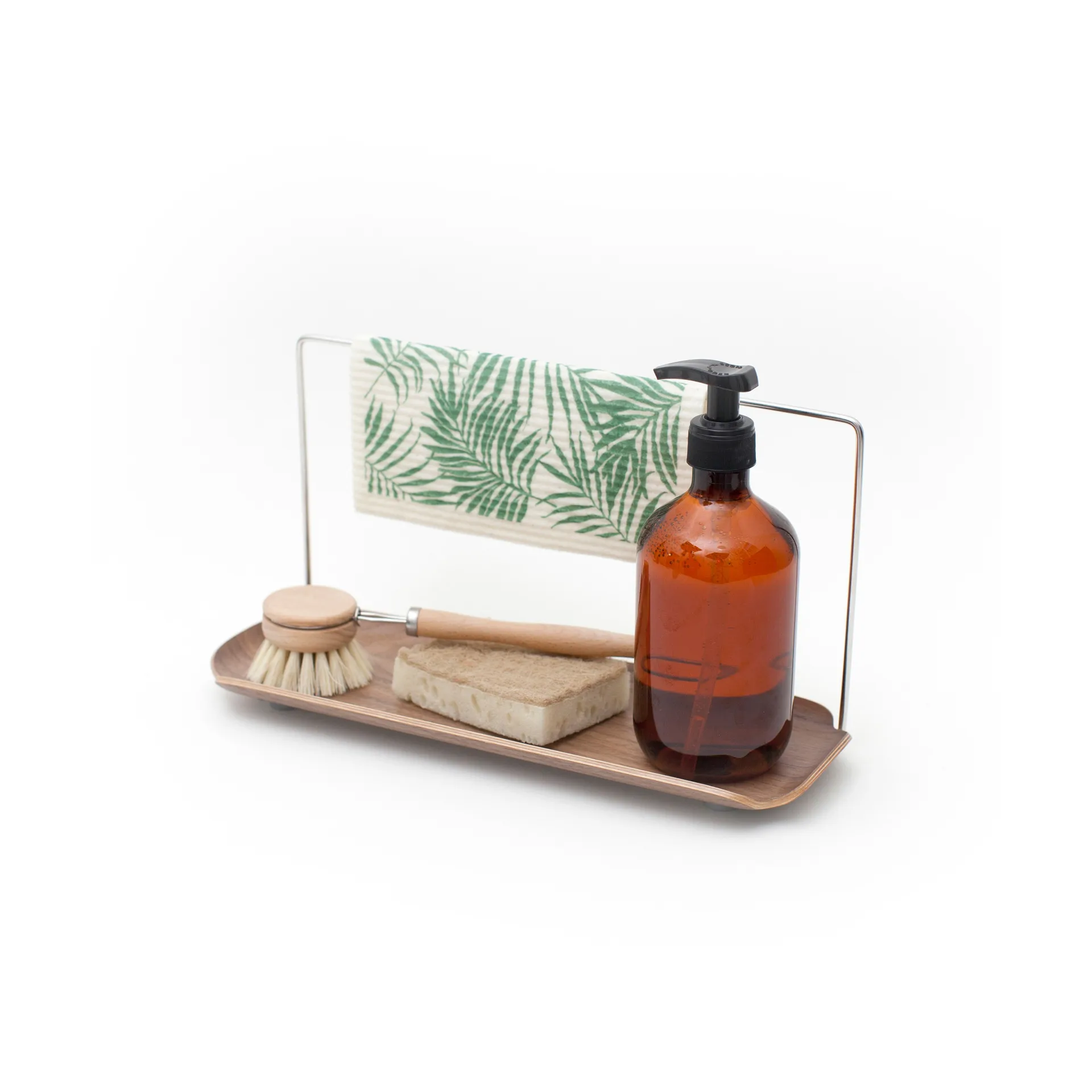 LEAF dish rack with 抹布洗碗布 holder, 核桃色-不锈钢 Bosign