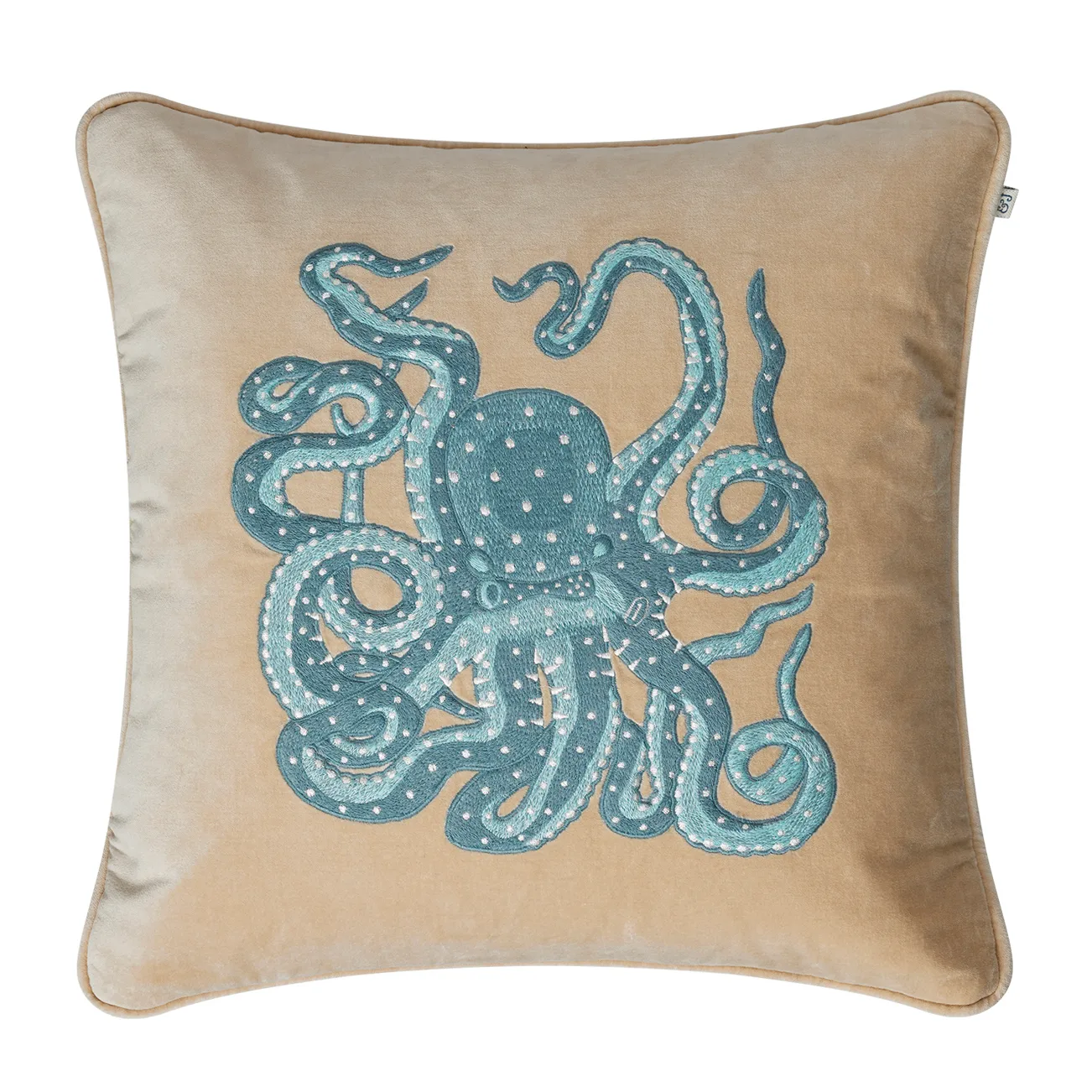 Embroidered Octopus 靠枕套 50x50 cm, 米色-aqua Chhatwal & Jonsson