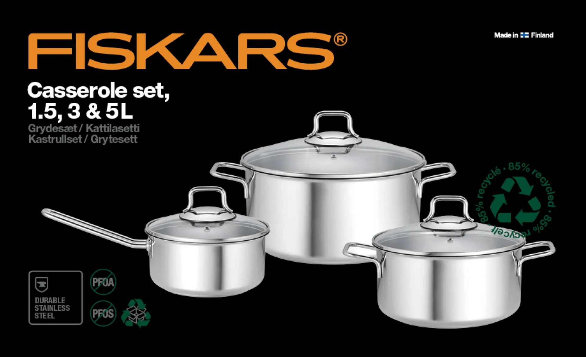 Fiskars pot & saucepan set with glass lid 3 pieces, 不锈钢 Fiskars