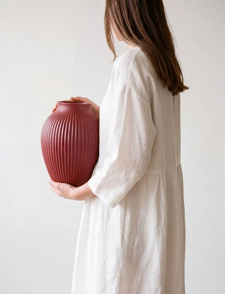 Knabstrup 罗纹花瓶27cm - 柔和樱桃红色 - Knabstrup Keramik