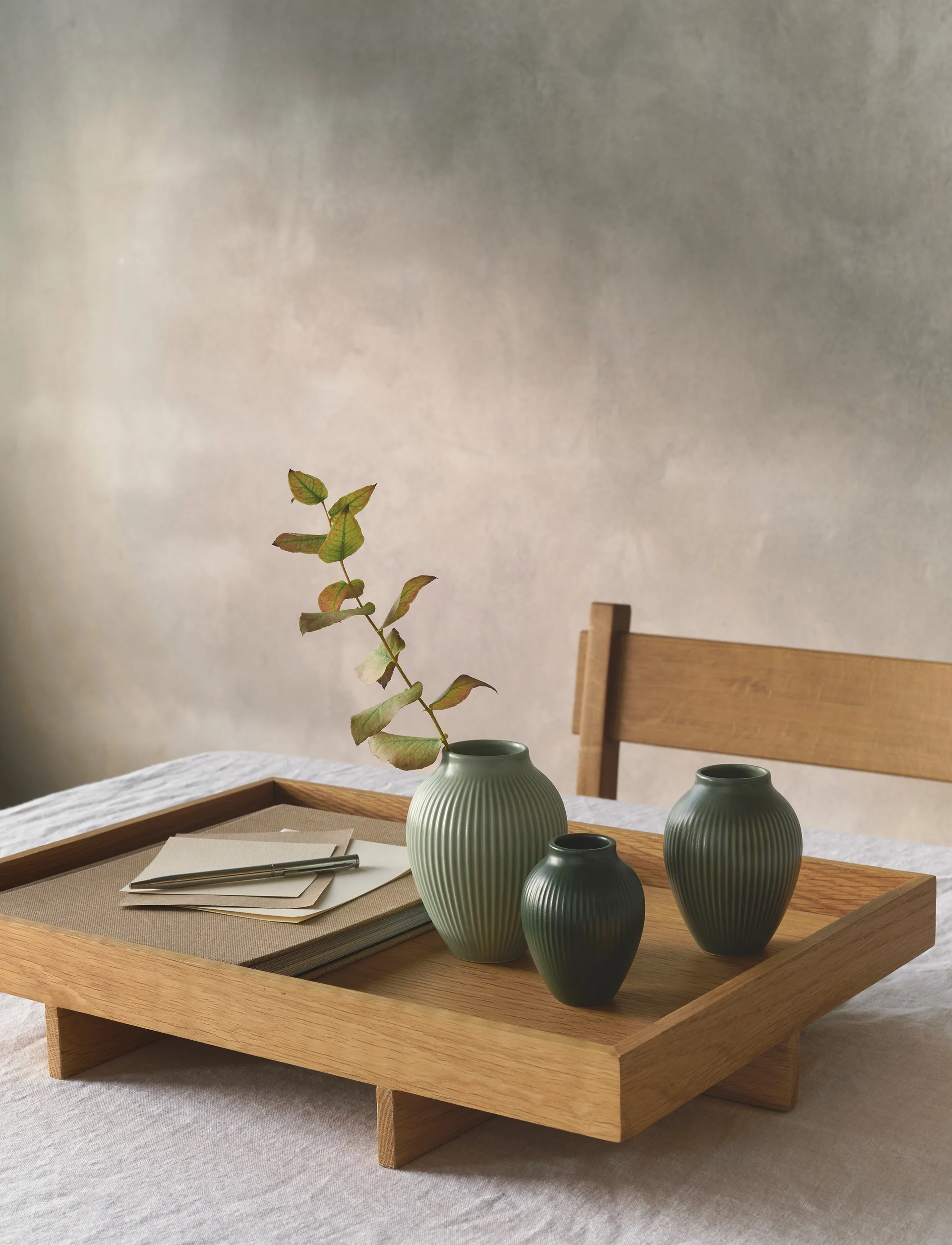 Knabstrup 迷你波纹哑光花瓶三件套, 雾绿色-celadon green-深绿色 Knabstrup Keramik