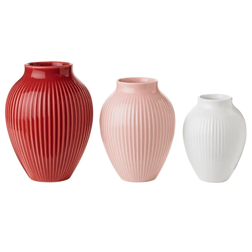 Knabstrup 花瓶 ribbed 三件套装, bordeaux-粉色-白色 Knabstrup Keramik