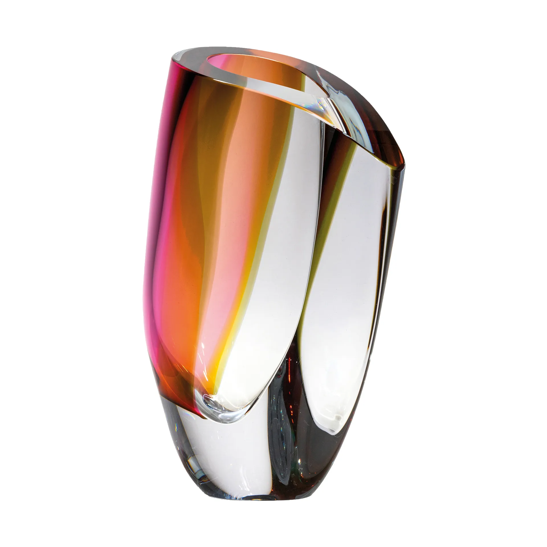 Mirage 花瓶 31 厘米，来自瑞典品牌 Kosta Boda，是一款装饰性极强的手工吹制花瓶。它拥有水滴形的开口，瓶身的柔和曲线能以一种迷人的方式折射色彩。这种组合使花瓶即便不插花，本身也是一件极具吸引力的玻璃雕塑。该花瓶由玻璃艺术家 Göran Wärff 设计，其吸睛的设计在瑞典斯莫兰省的 Kosta 玻璃厂经过多道工序打造：首先通过弯管手工吹制成摇曳的造型，然后使用缩放技术上色，冷却后，再经手工打磨成最终优雅的形状。, Grey-red Kosta Boda