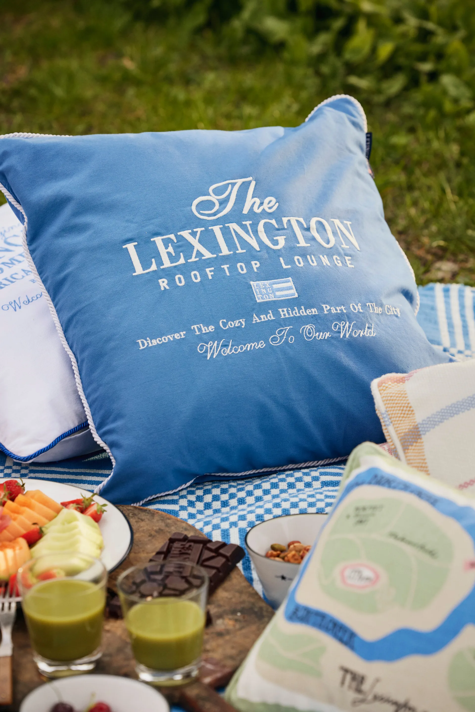 Checked Recycled Cotton Picnic 毯子 150x150 cm, 蓝色 Lexington