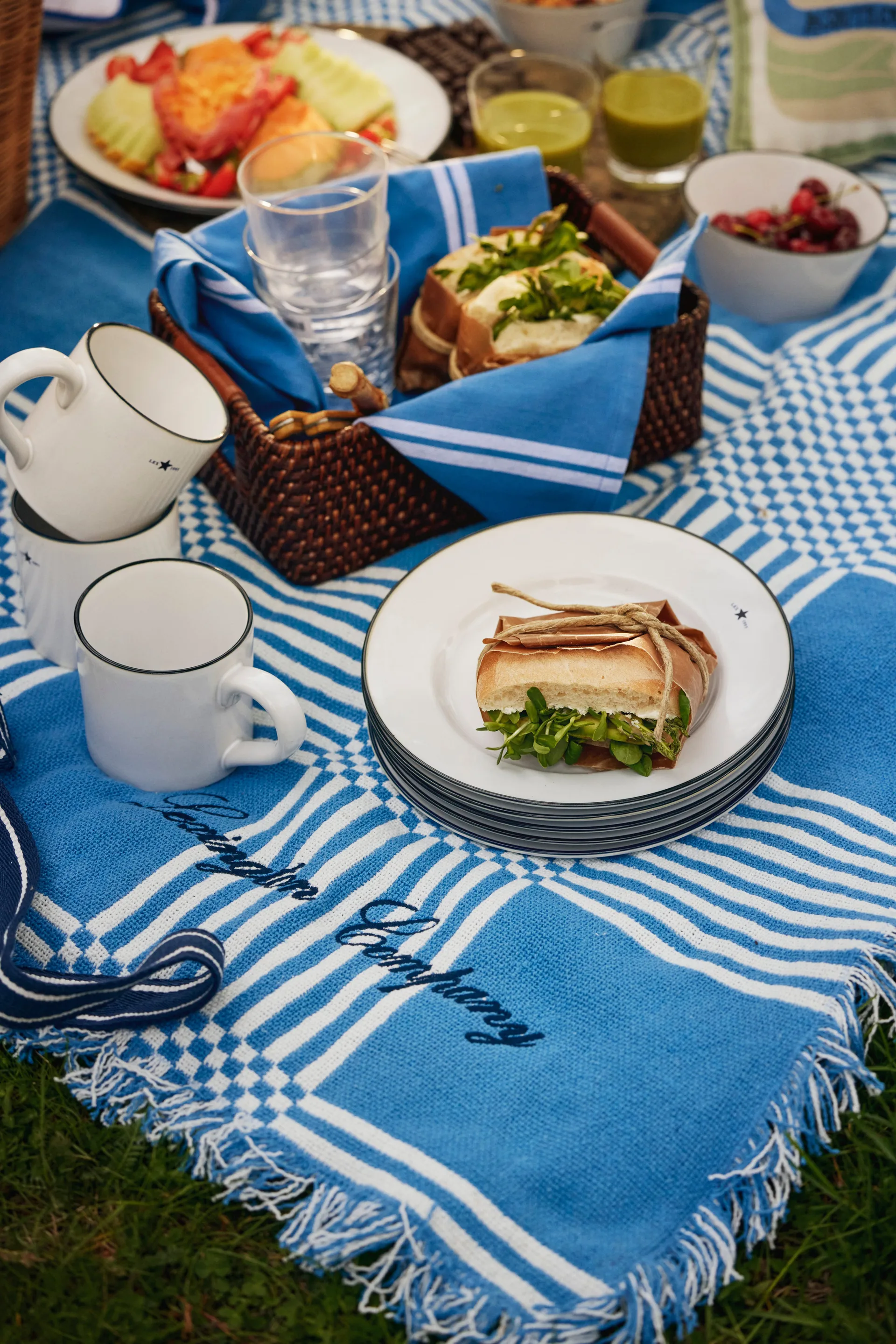 Checked Recycled Cotton Picnic 毯子 150x150 cm, 蓝色 Lexington
