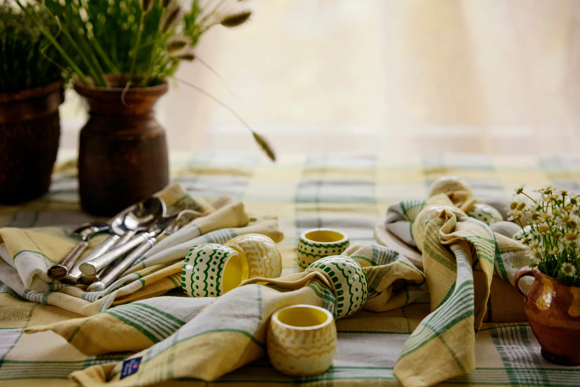 Easter Linen/Cotton 桌布 150x250 cm, 黄色-绿色 Lexington