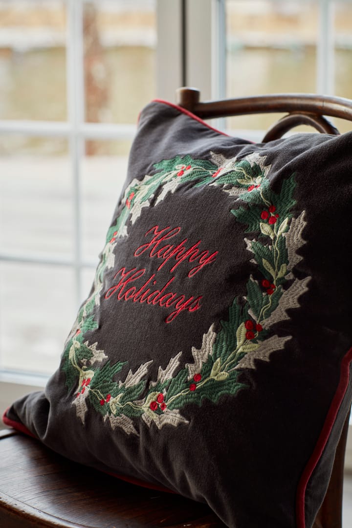 Holly Wrath Cotton Velvet 靠枕套 50x50 cm, 深灰色-绿色-红色 Lexington