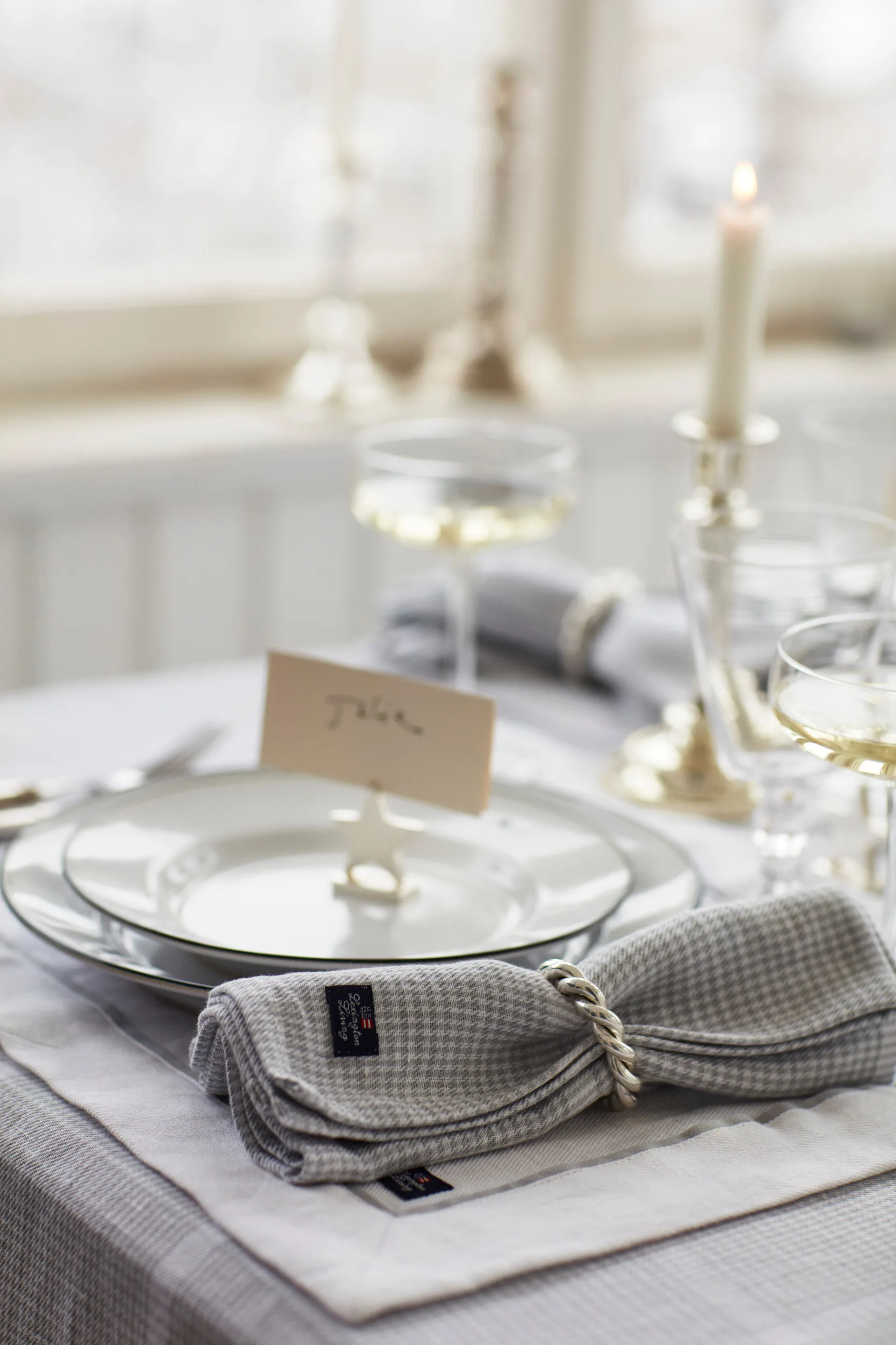 Pepita Check 棉麻 餐巾布 50x50 cm, 白色-浅绿色 Lexington