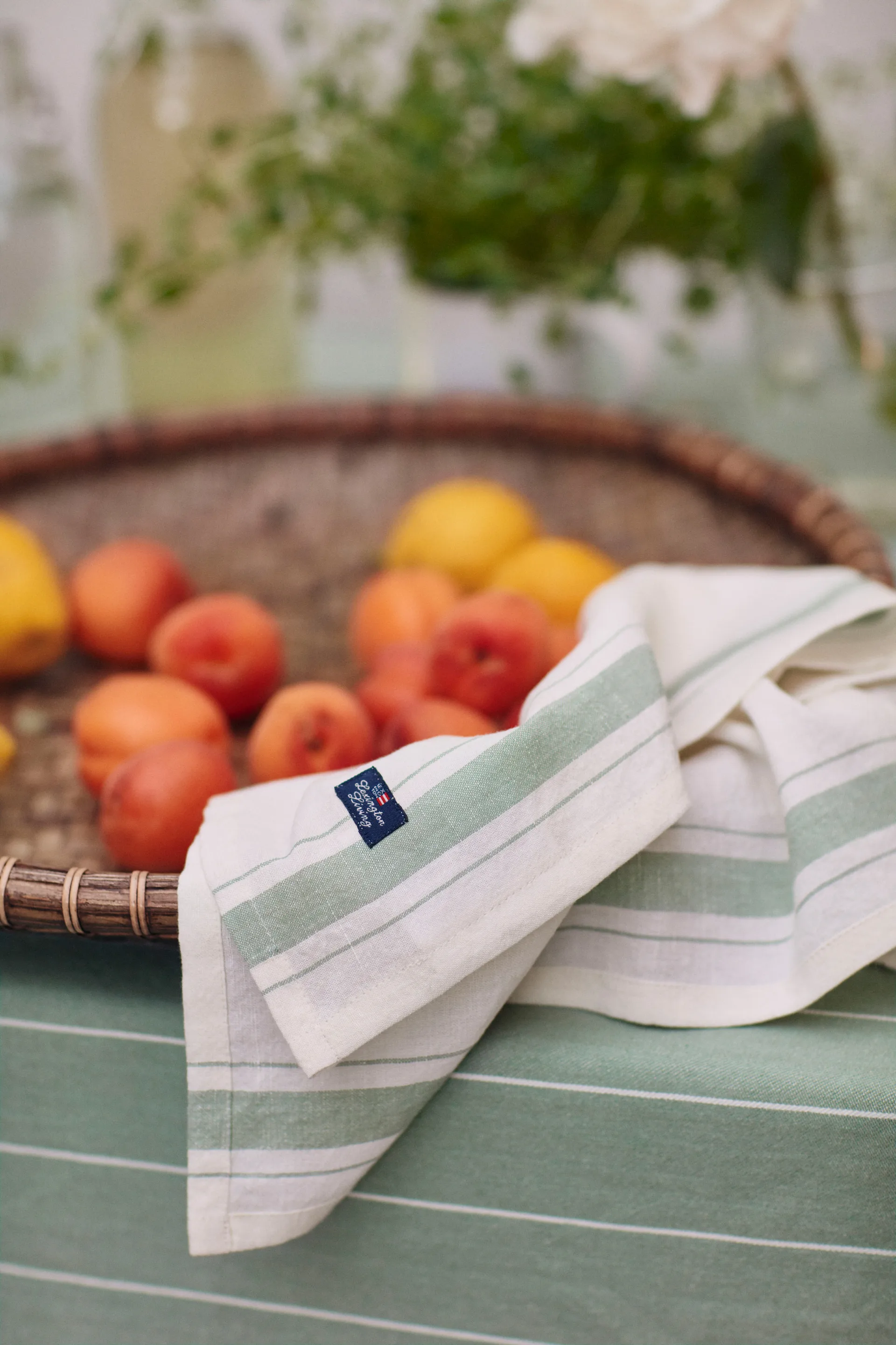 Side striped organic cotton napkin 50x50 cm, 白色-绿色 Lexington