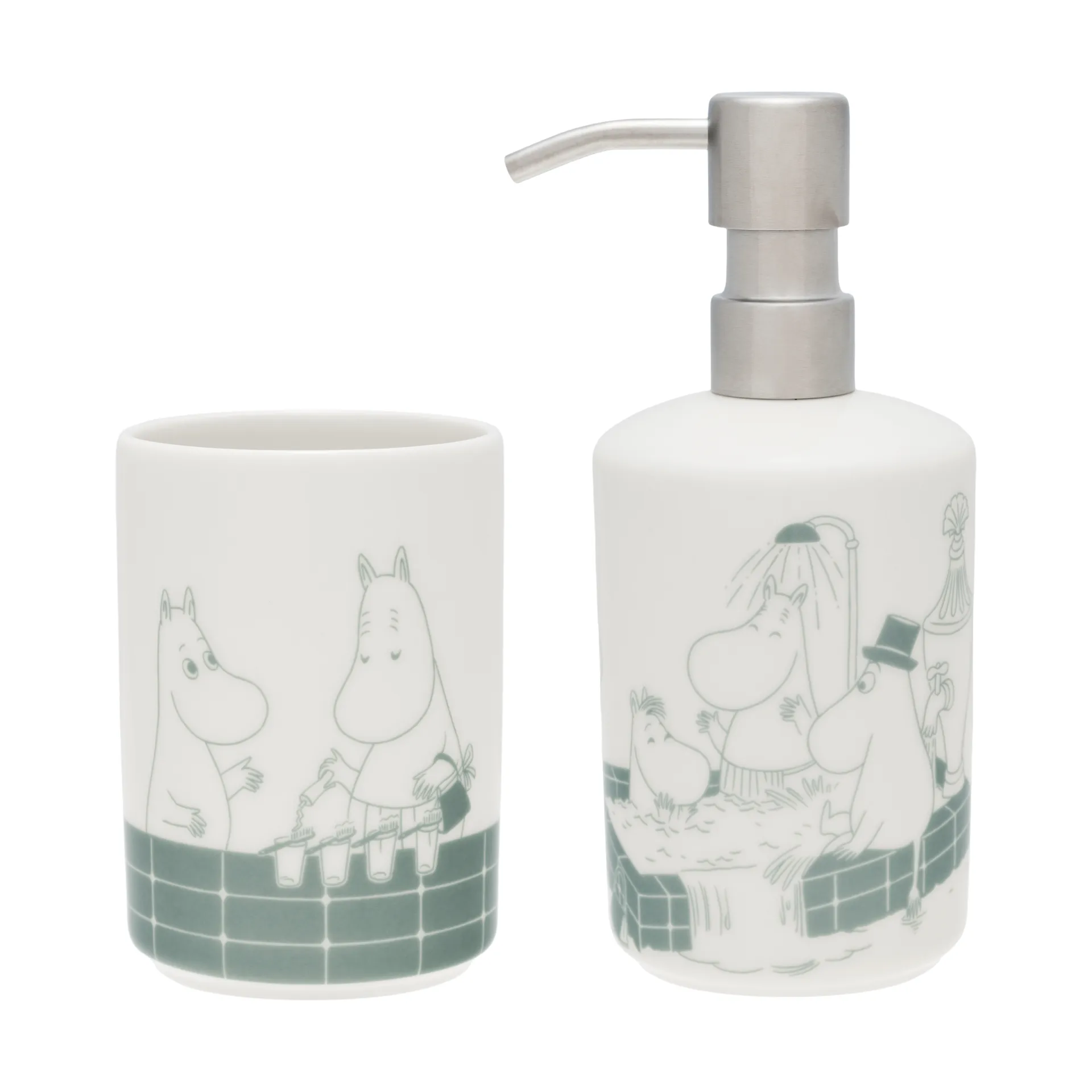 姆明 皂液器 和 牙刷 holder, Bath time 绿色-白色 Moomin Arabia