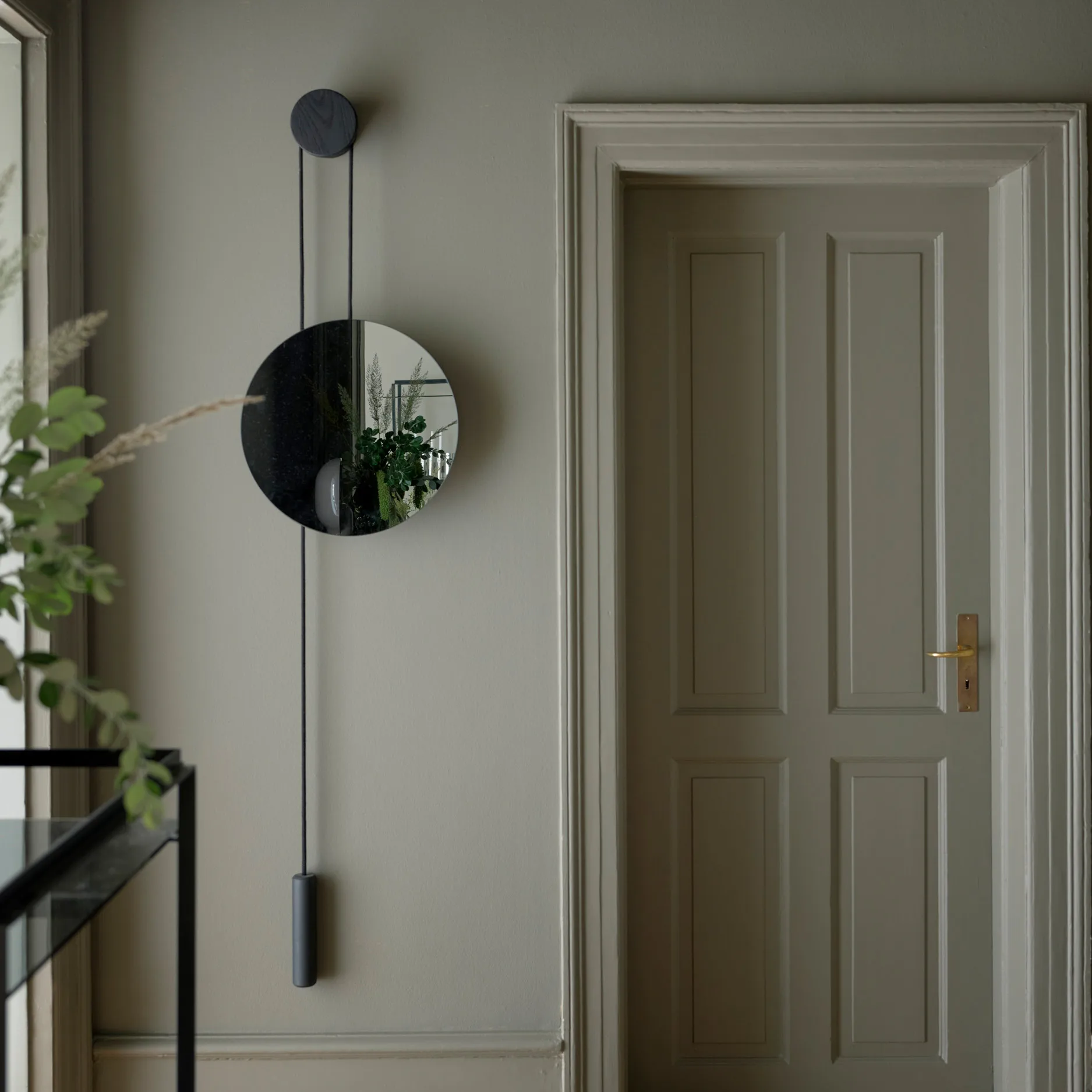 Rise and Shine mirror, Burned oak-steel weight New Works