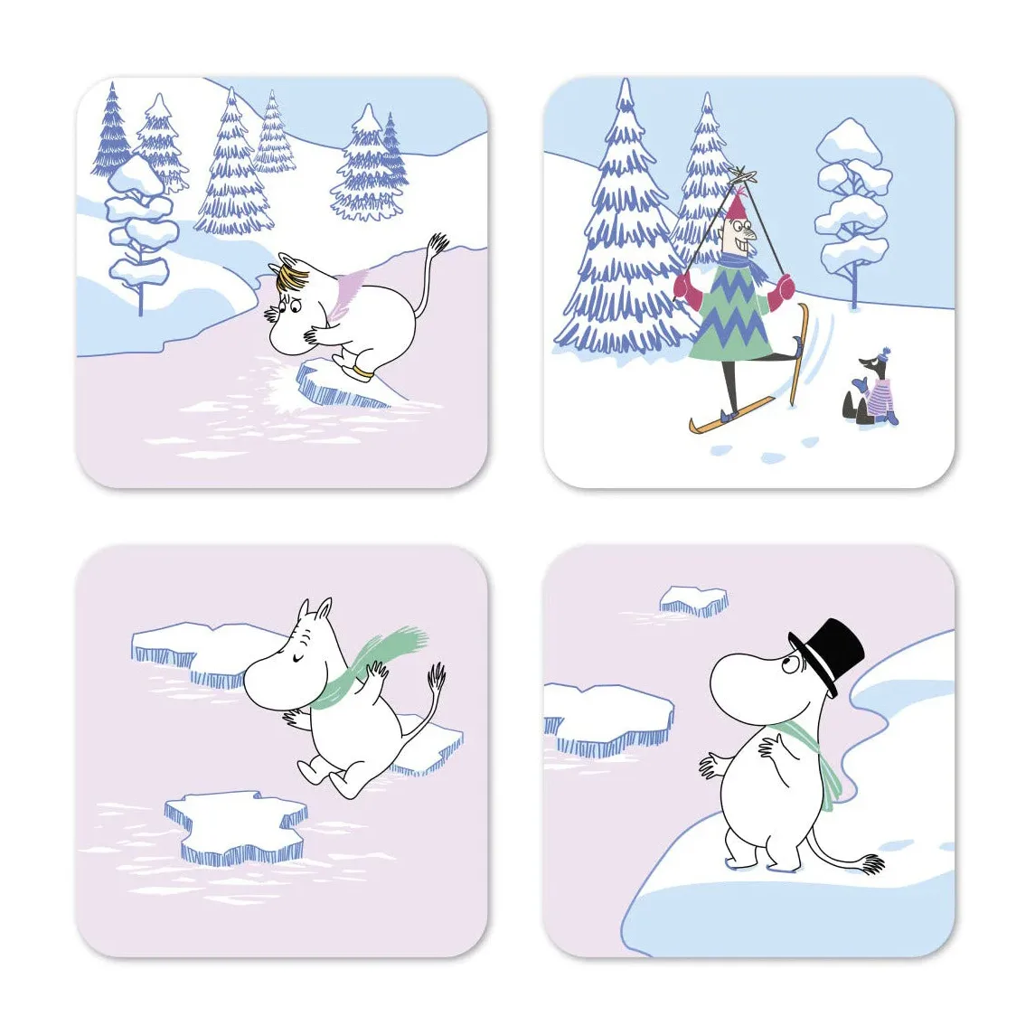 Moomin coaster winter 2022 9x9 cm 四件套装, 蓝色-白色-粉色 Opto Design