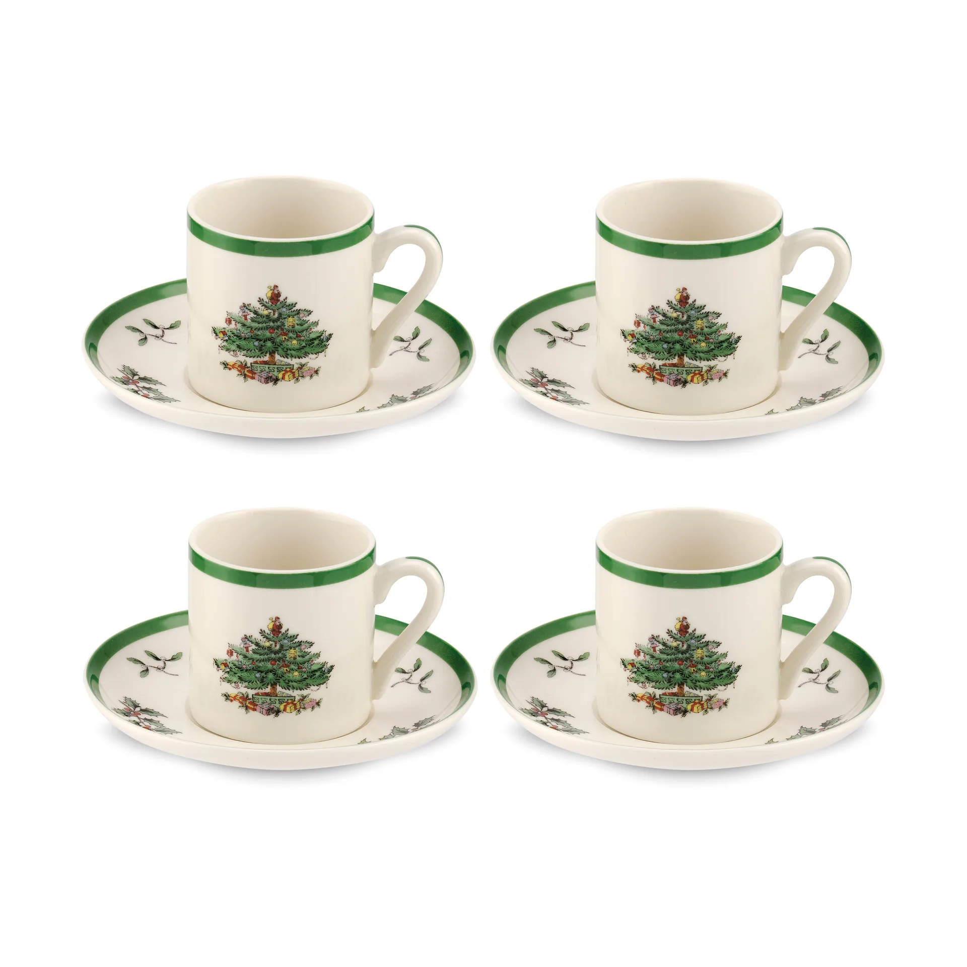 圣诞树 浓缩咖啡杯 和 碟子 9 cl 四件套装, 白色-绿色-红色 Spode