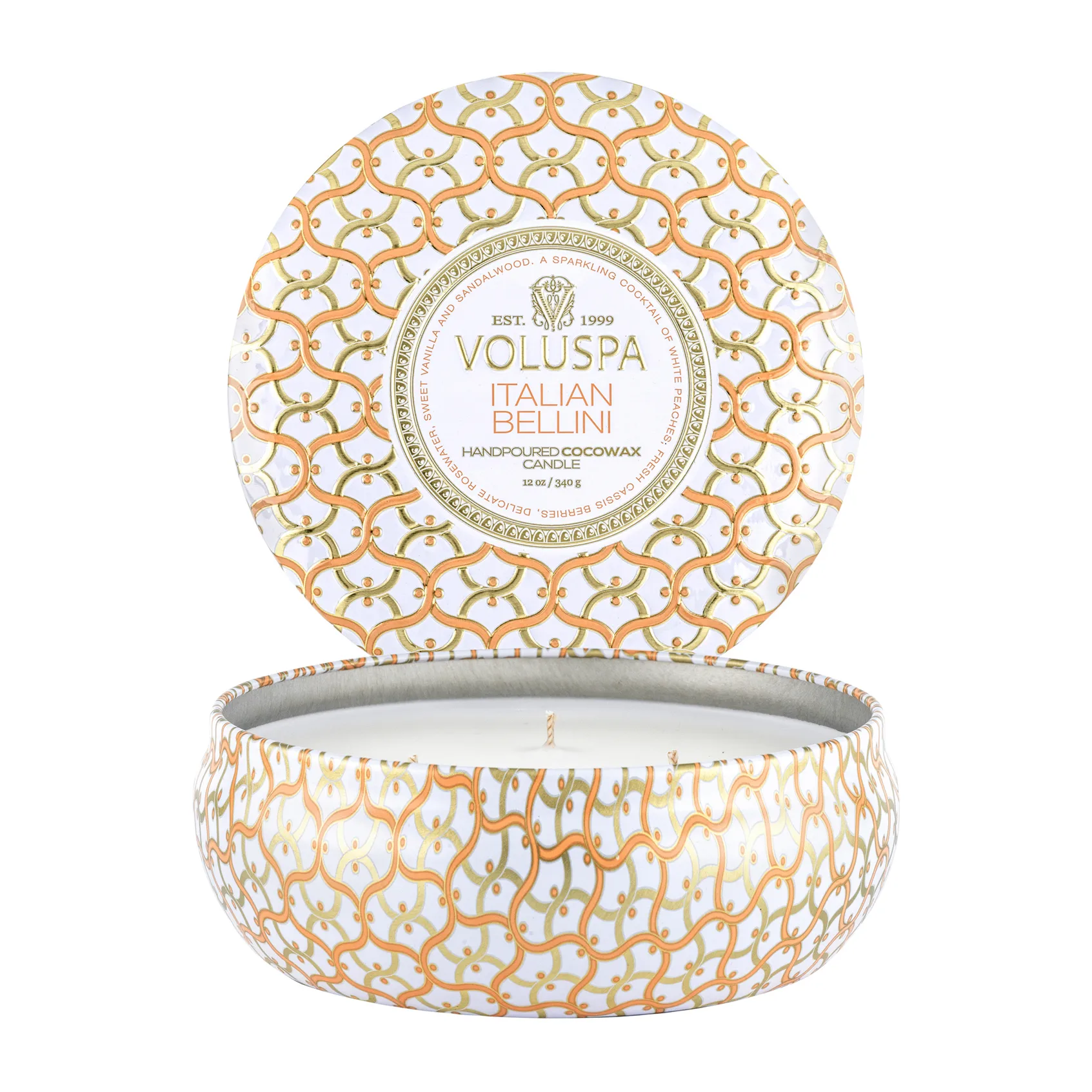 Maison Blanc 三芯铁盒香薰蜡烛40小时, 意大利贝利尼香 Voluspa