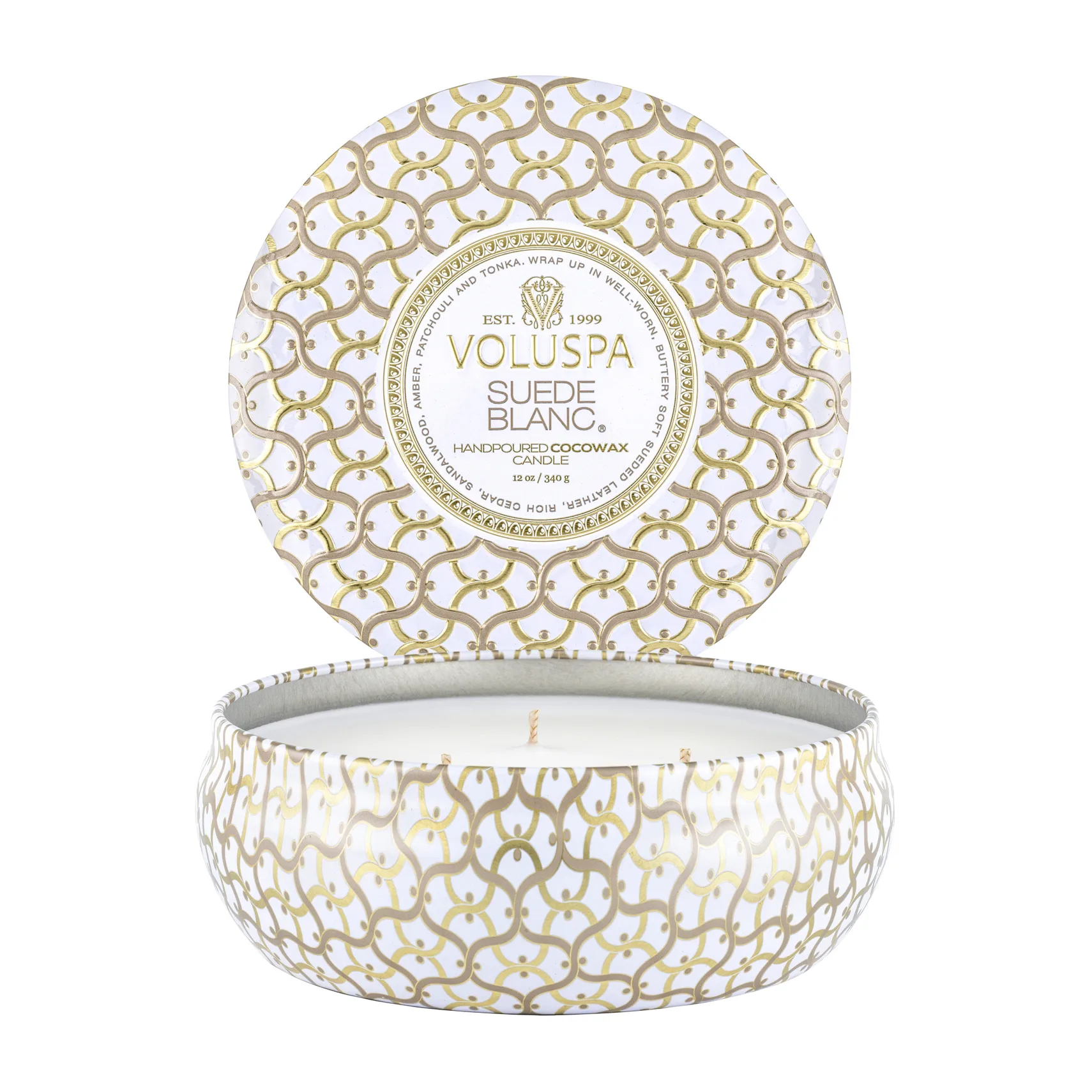 Maison Blanc 三芯铁盒香薰蜡烛40小时, 白色绒面香 Voluspa
