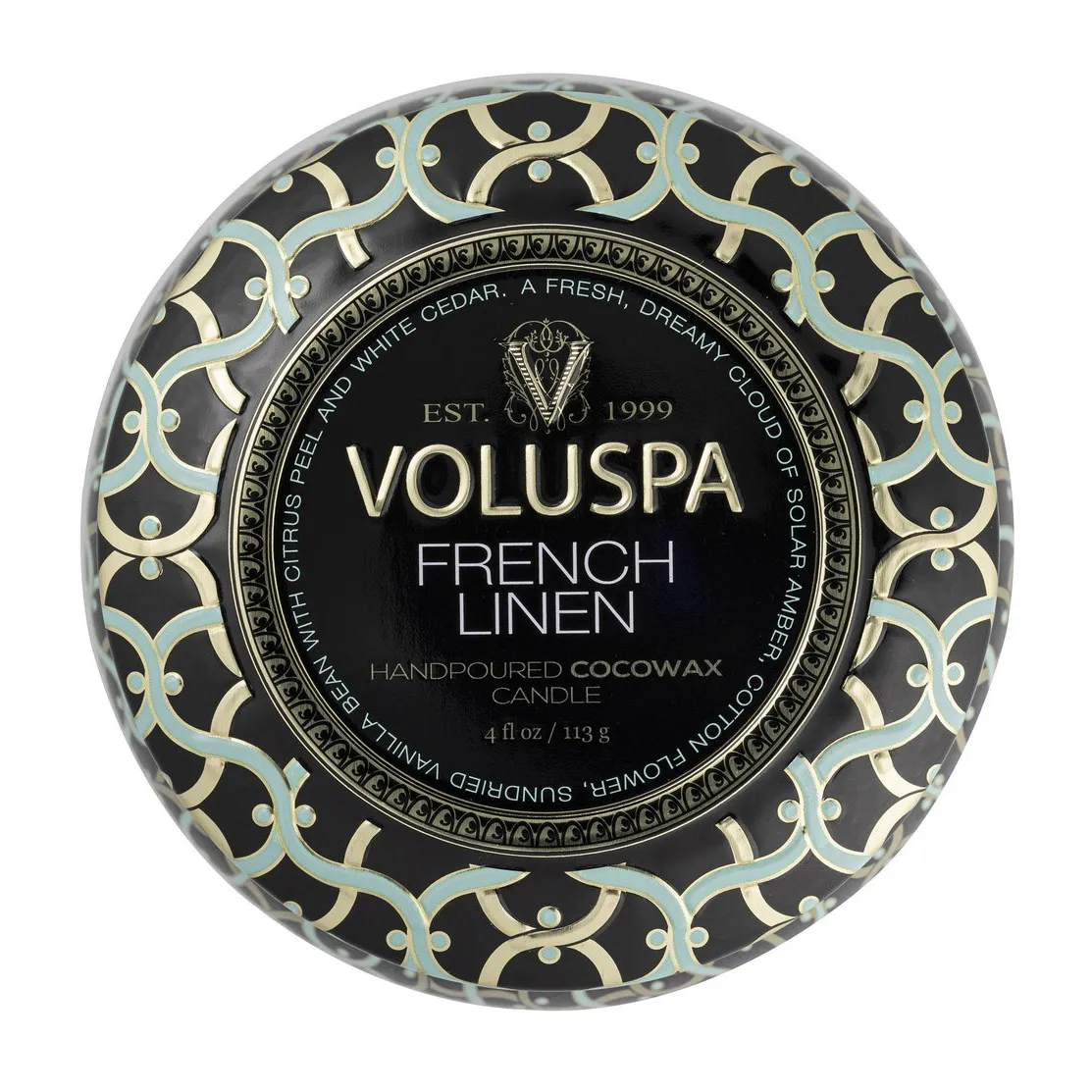 Maison Noir 迷你铁盒香薰蜡烛25小时, 法式亚麻香 Voluspa