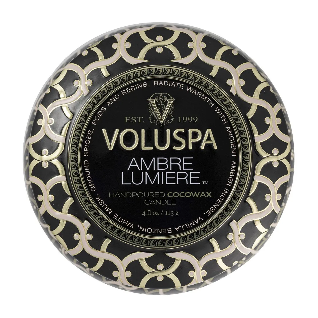 Maison Noir 迷你铁盒香薰蜡烛25小时, 琥珀微光香 Voluspa