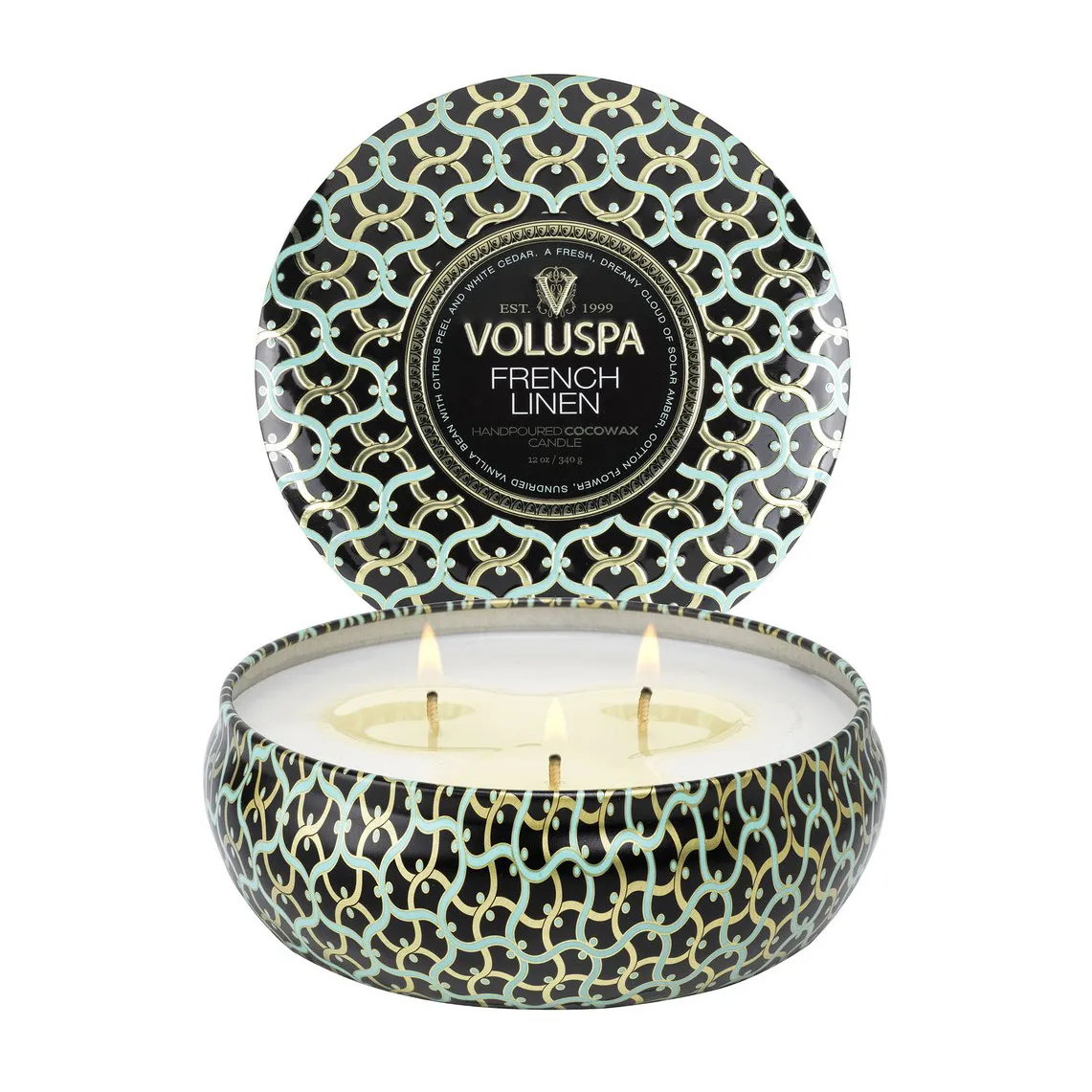 Maison Noir 三芯铁盒香薰蜡烛40小时, 法式亚麻香 Voluspa