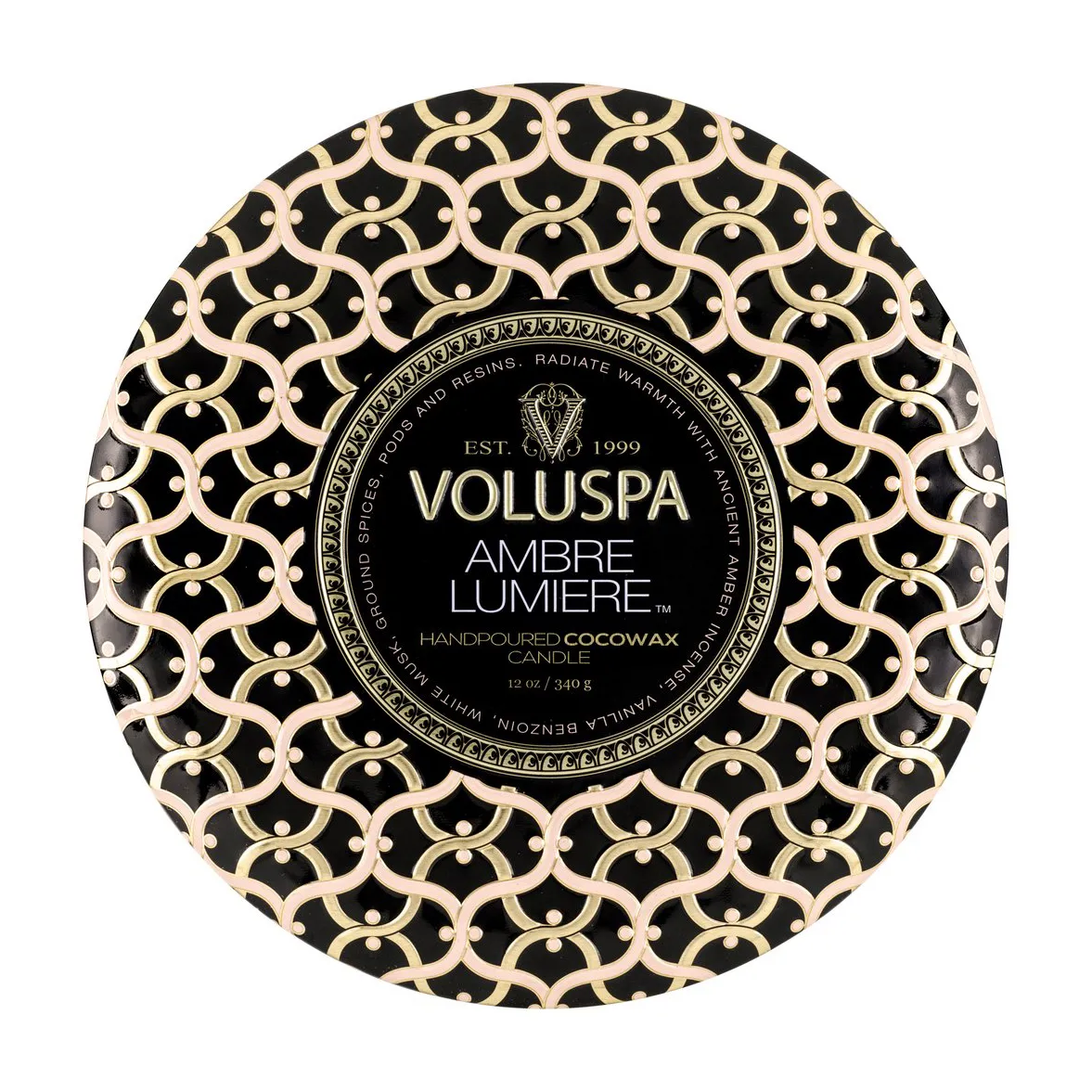Maison Noir 三芯铁盒香薰蜡烛40小时, 琥珀微光香 Voluspa