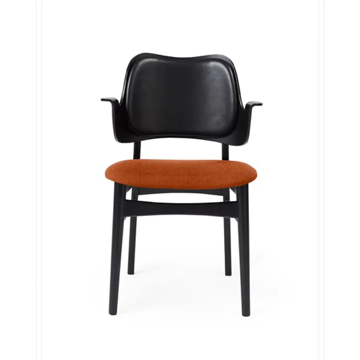 Gesture 椅子，软包座椅与靠背 - Fabric rusty rosé, 皮革 backrest, 黑色 涂漆的 beech legs - Warm Nordic
